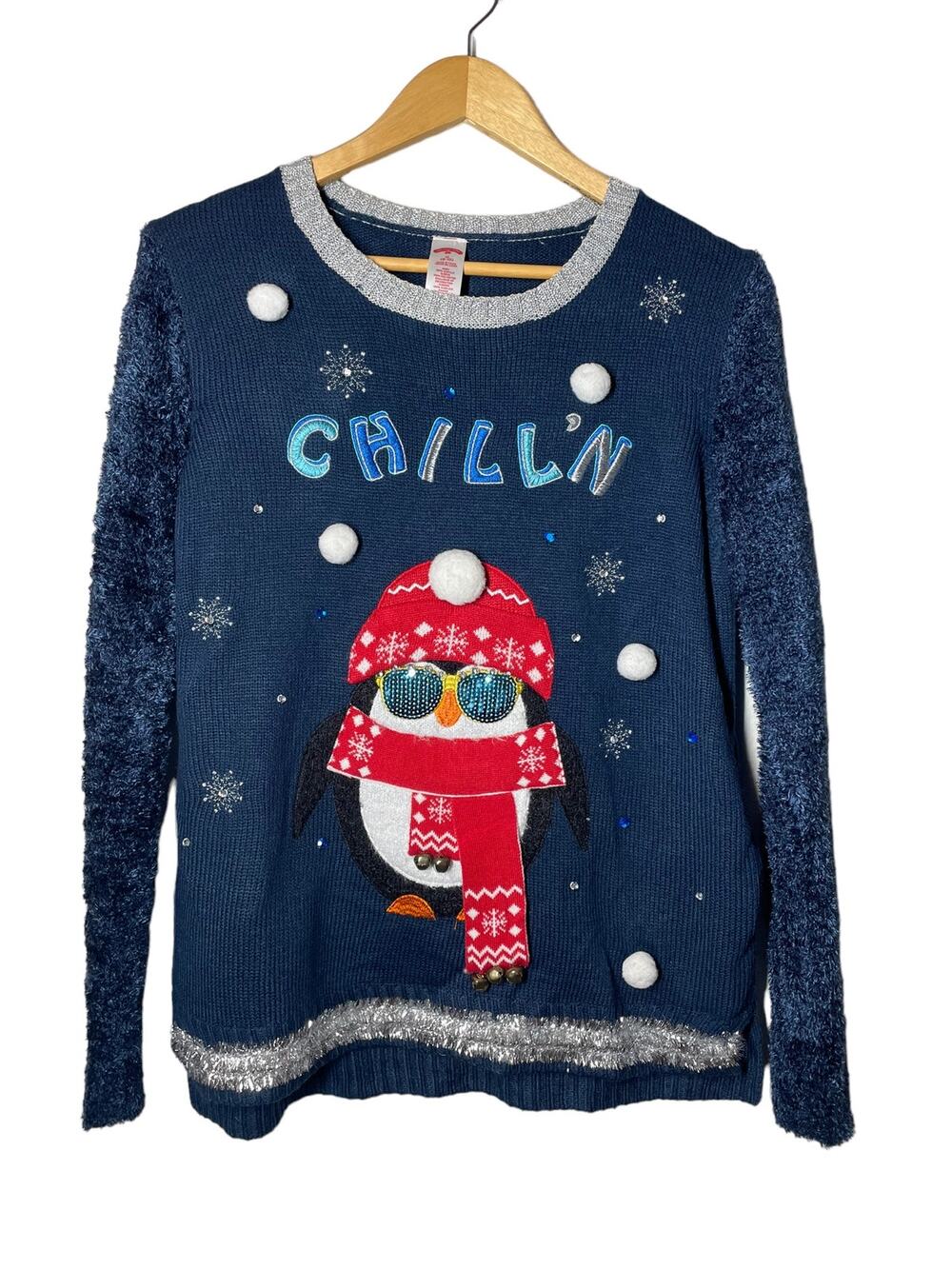 Ugly Christmas Sweater Penguin Navy Blue Lights up Pom Pom Medium Womens